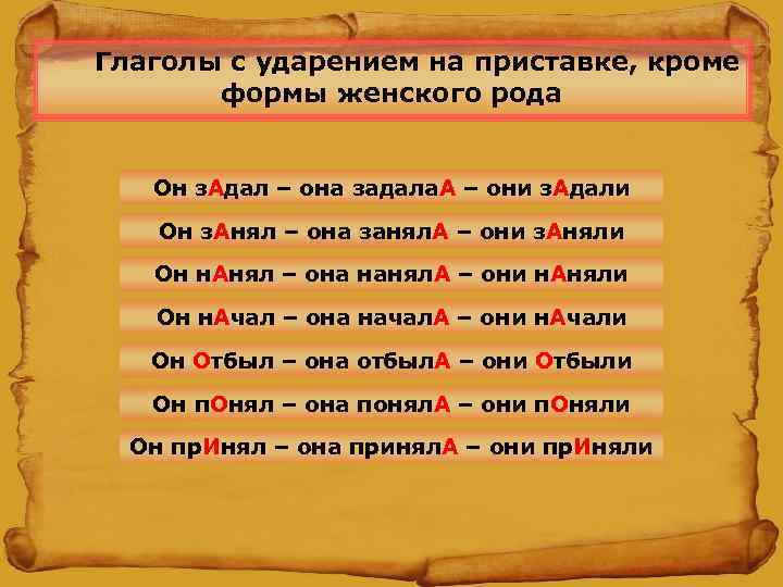 Глаголы с ударением на приставке, кроме  формы женского рода Он з. Адал –