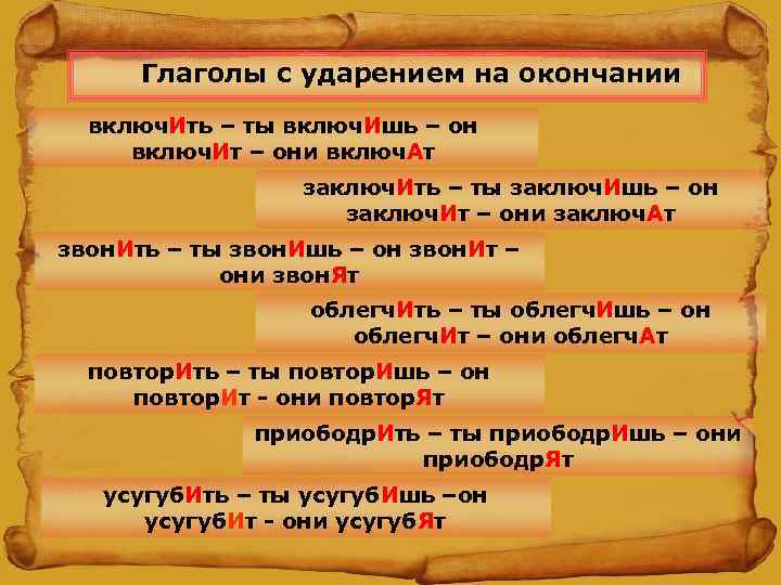  Глаголы с ударением на окончании  включ. Ить – ты включ. Ишь –