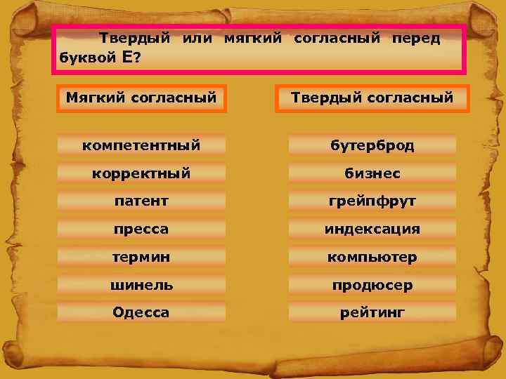   Твердый или мягкий согласный перед буквой Е?  Мягкий согласный  Твердый