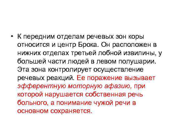  • К передним отделам речевых зон коры  относится и центр Брока. Он