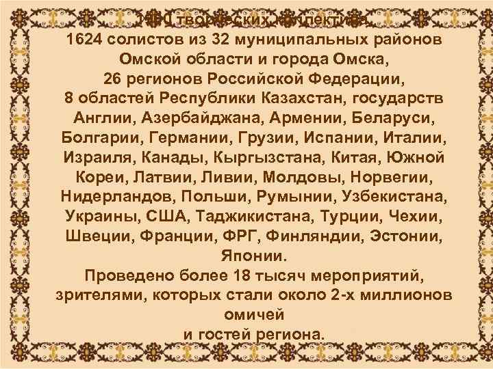    1900 творческих коллектива,  1624 солистов из 32 муниципальных районов 