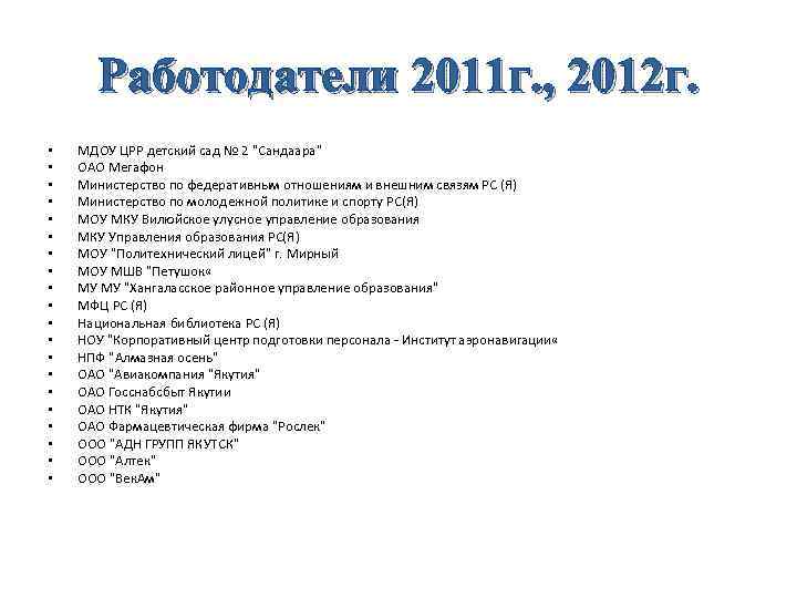  Работодатели 2011 г. , 2012 г.  •  МДОУ ЦРР детский сад