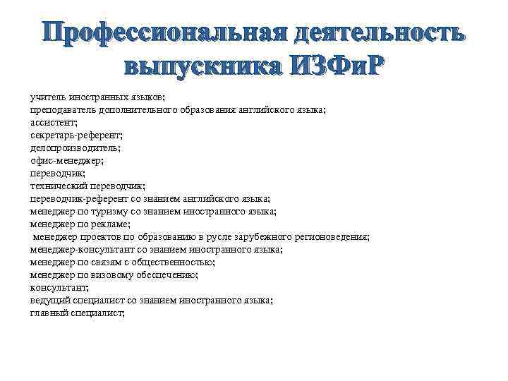  Профессиональная деятельность  выпускника ИЗФи. Р учитель иностранных языков; преподаватель дополнительного образования английского