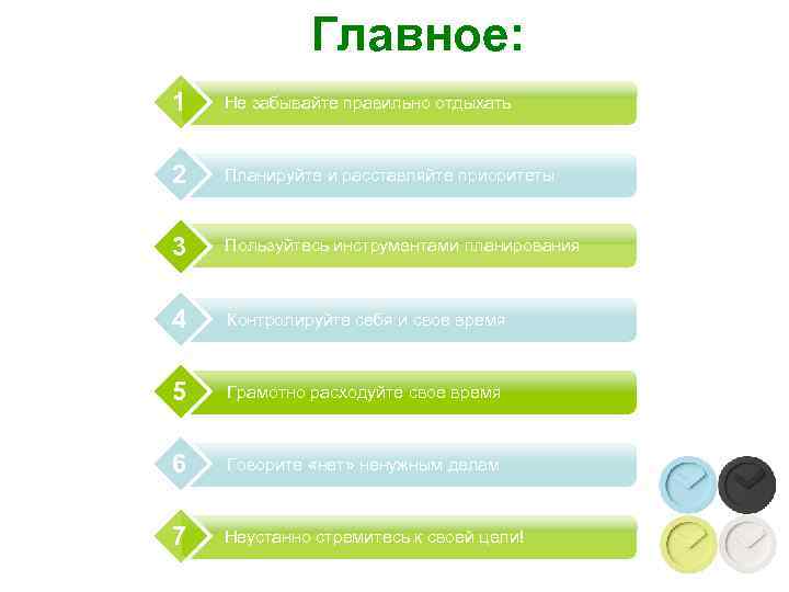    Главное: 1  Не забывайте правильно отдыхать  2  Планируйте