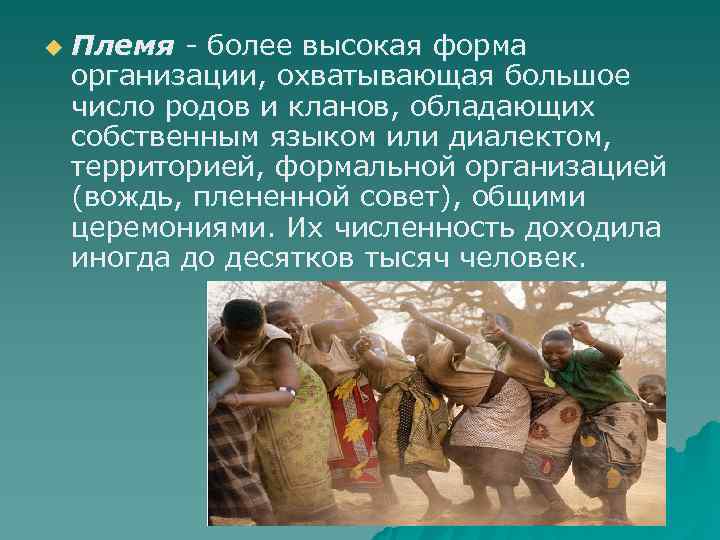 u  Племя - более высокая форма организации, охватывающая большое число родов и кланов,