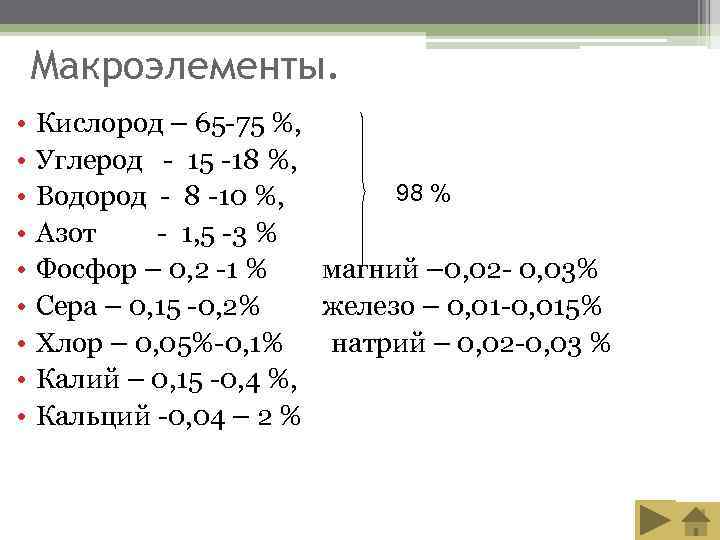   Макроэлементы.  •  Кислород – 65 -75 %,  • 