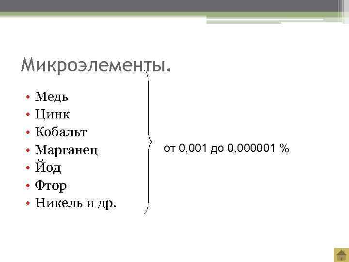 Микроэлементы.  •  Медь •  Цинк •  Кобальт •  Марганец