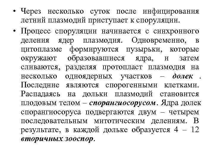  • Через несколько суток после инфицирования  летний плазмодий приступает к споруляции. 