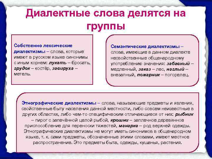  Диалектные слова делятся на    группы Собственно лексические   Семантические