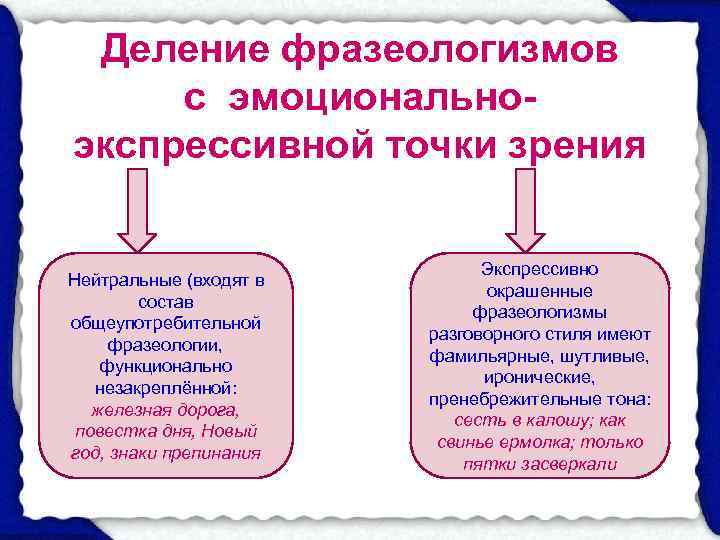  Деление фразеологизмов    с эмоционально- экспрессивной точки зрения   