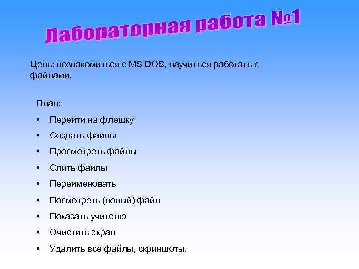 Цель: познакомиться с MS DOS, научиться работать с файлами. План:  •  Перейти