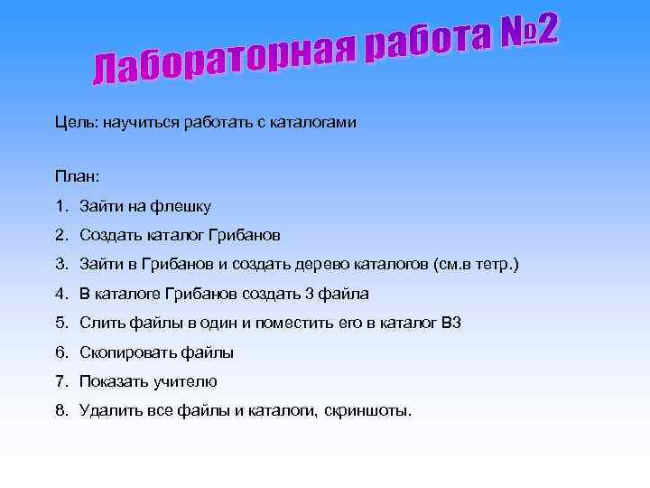 Цель: научиться работать с каталогами  План: 1. Зайти на флешку 2. Создать каталог