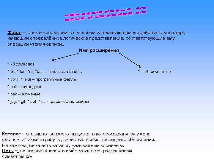  Файл — блок информации на внешнем запоминающем устройстве компьютера, имеющий определённое логическое представление,