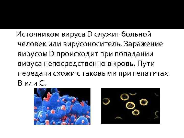 Источником вируса D служит больной человек или вирусоноситель. Заражение вирусом D происходит при попадании