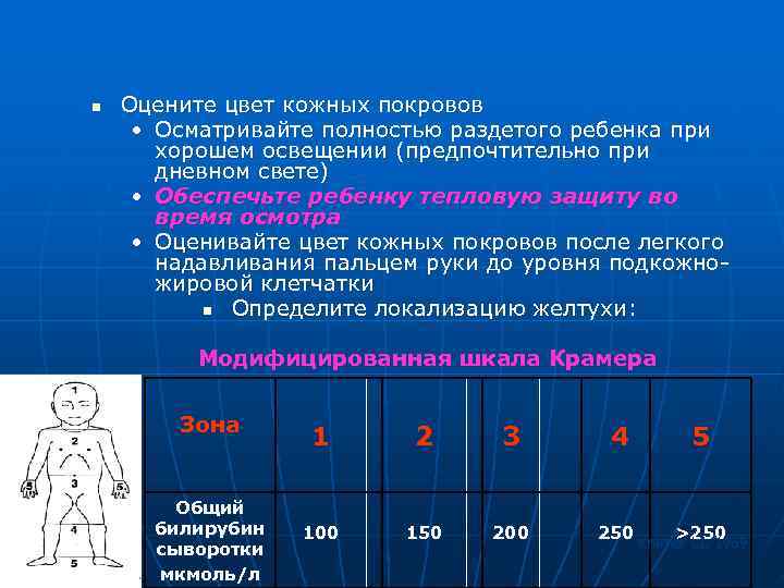 n  Оцените цвет кожных покровов  • Осматривайте полностью раздетого ребенка при 