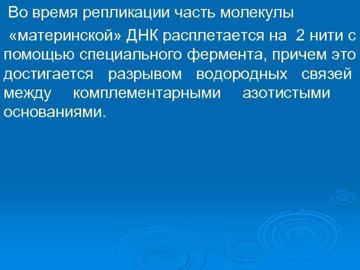  Во время репликации часть молекулы  «материнской» ДНК расплетается на  2 нити