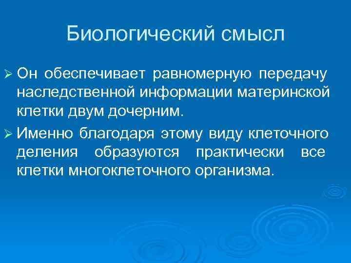   Биологический смысл Ø Он обеспечивает равномерную передачу  наследственной информации материнской 