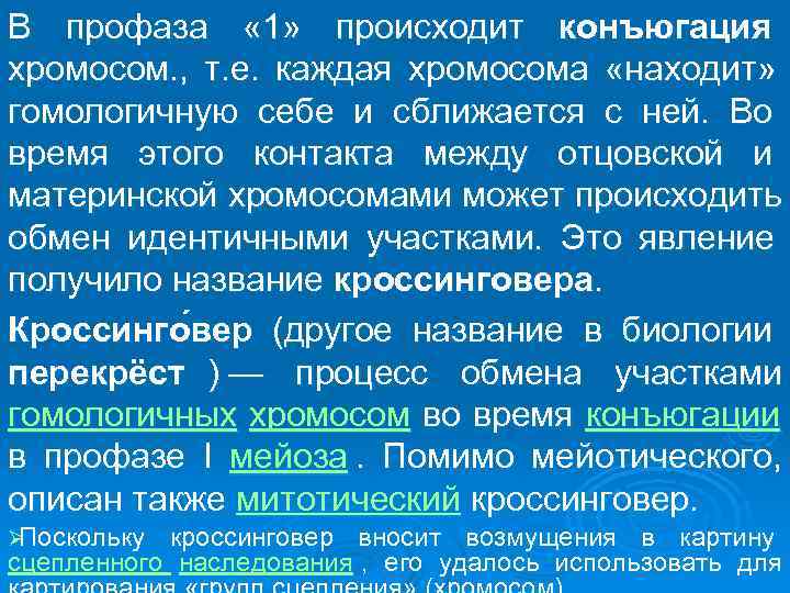 В профаза  « 1»  происходит конъюгация хромосом. ,  т. е. 