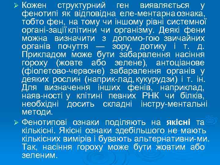 Ø Кожен структурний ген виявляється у  фенотипі як відповідна еле ментарна ознака, тобто