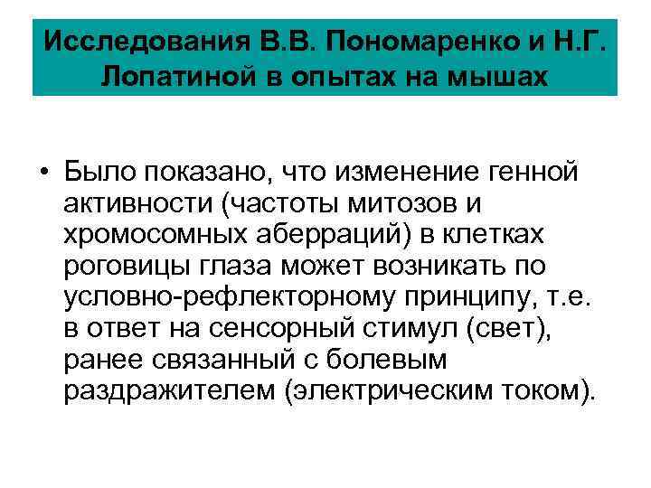Исследования В. В. Пономаренко и Н. Г. Лопатиной в опытах на мышах • Исследования В. В. Пономаренко и Н. Г. Лопатиной в опытах на мышах •