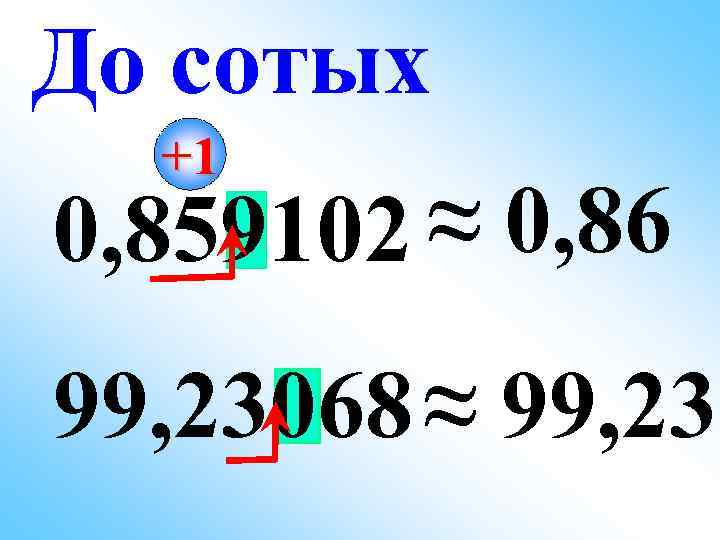 До сотых  +1 0, 859102 ≈ 0, 86 99, 23068 ≈ 99, 23