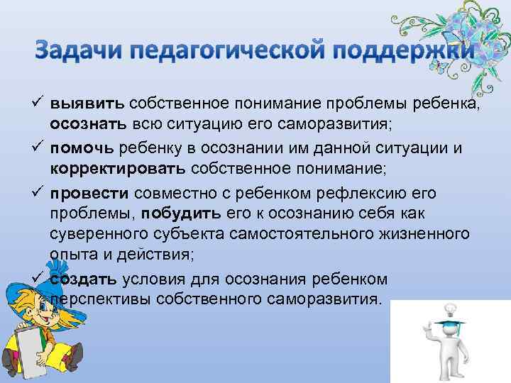 ü выявить собственное понимание проблемы ребенка,  осознать всю ситуацию его саморазвития; ü помочь