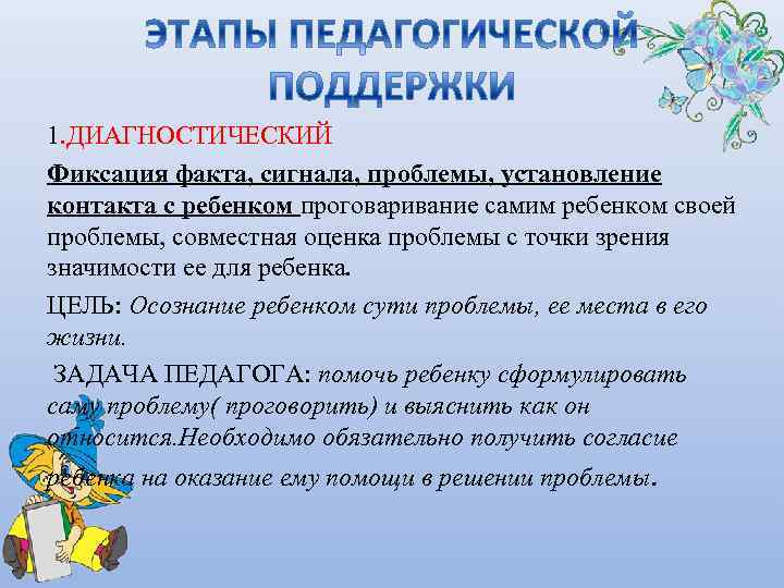 1. ДИАГНОСТИЧЕСКИЙ Фиксация факта, сигнала, проблемы, установление контакта с ребенком проговаривание самим ребенком своей