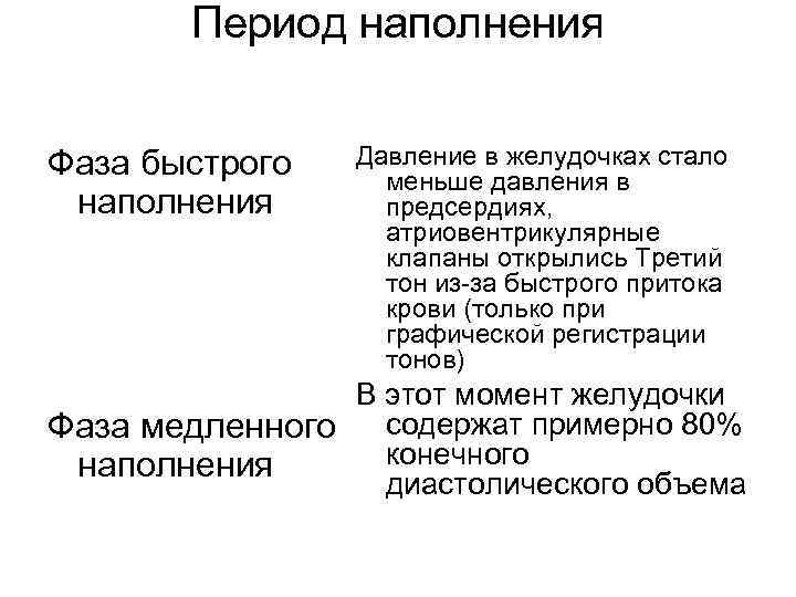   Период наполнения  Фаза быстрого  Давление в желудочках стало  