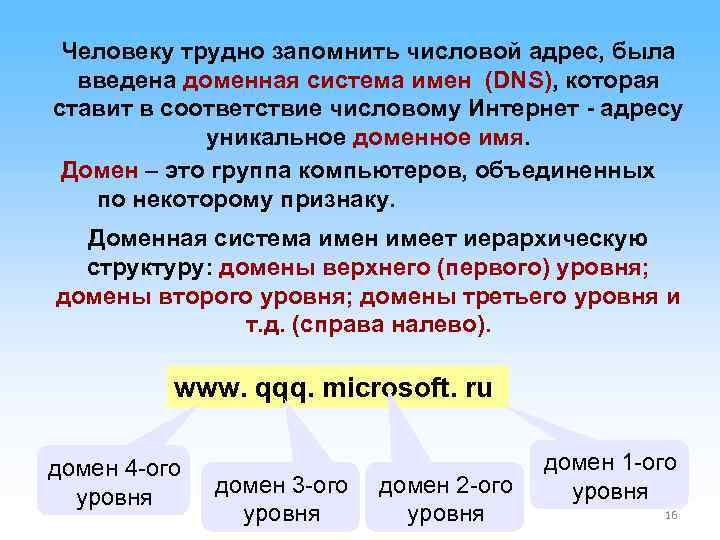 Человеку трудно запомнить числовой адрес, была введена доменная система имен (DNS), которая Человеку трудно запомнить числовой адрес, была введена доменная система имен (DNS), которая