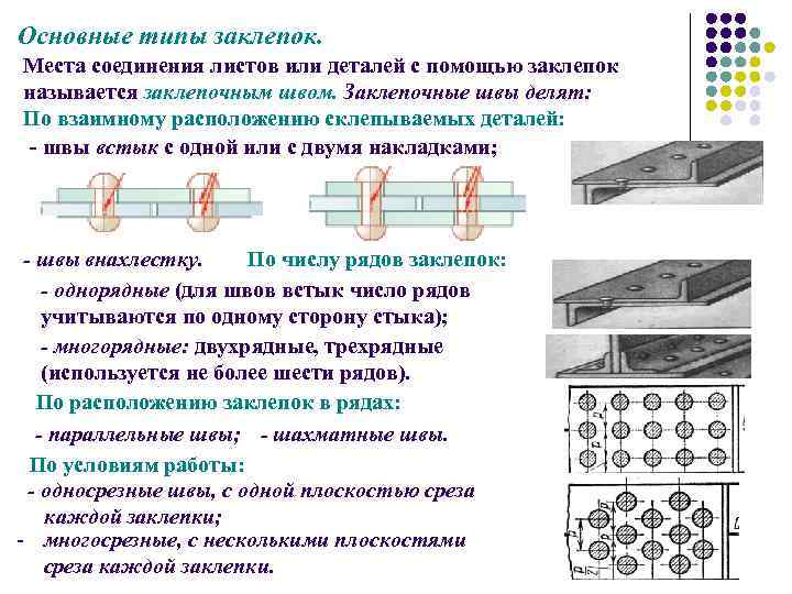 Соединение металлических деталей с помощью заклепок. Типы неразъемных соединений заклепок. Классификация заклепочных соединений. Основные типы заклепок. Заклепочное соединение в машинах.