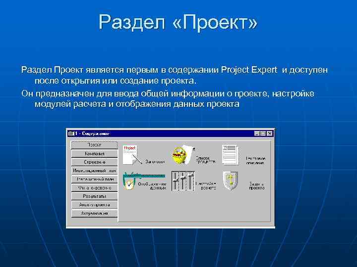    Раздел «Проект»  Раздел Проект является первым в содержании Project Expert