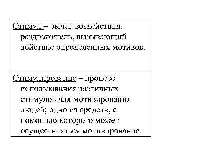Стимул – рычаг воздействия,  раздражитель, вызывающий  действие определенных мотивов.  Стимулирование –