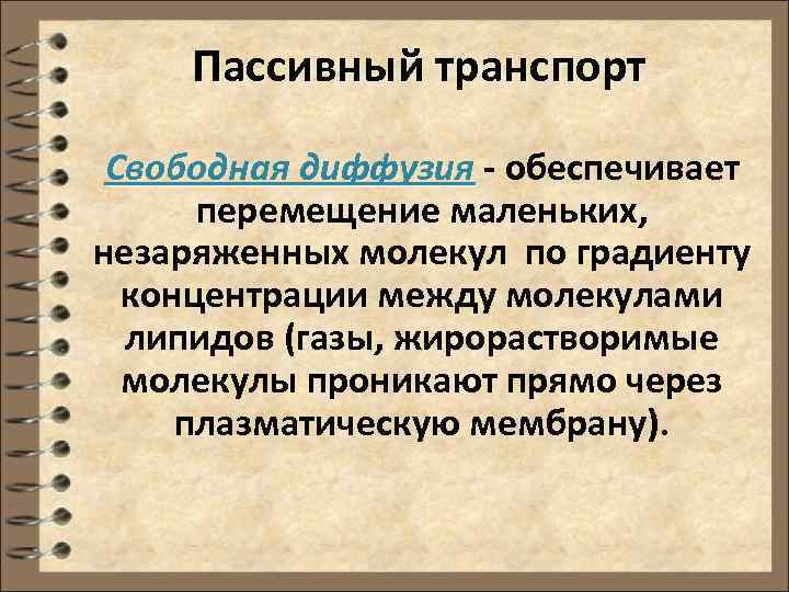  Пассивный транспорт  Свободная диффузия - обеспечивает  перемещение маленьких,  незаряженных молекул