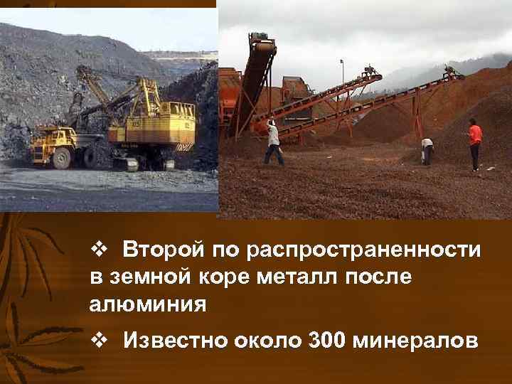 v Второй по распространенности в земной коре металл после алюминия v Известно около 300 v Второй по распространенности в земной коре металл после алюминия v Известно около 300