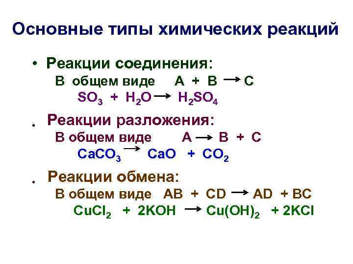 Основные типы химических реакций • Реакции соединения: В общем виде А Основные типы химических реакций • Реакции соединения: В общем виде А