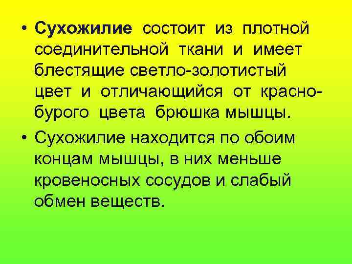  • Сухожилие состоит из плотной  соединительной ткани и имеет  блестящие светло-золотистый