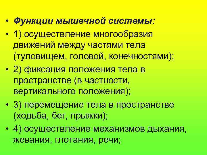  • Функции мышечной системы:  • 1) осуществление многообразия  движений между частями