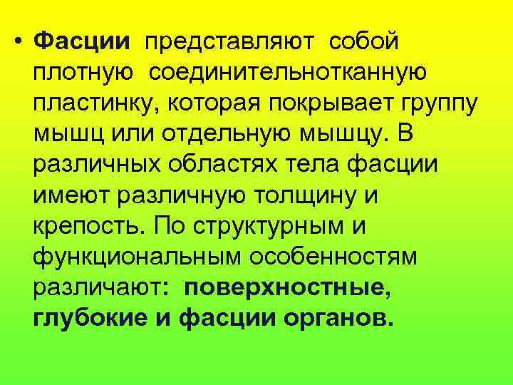  • Фасции представляют собой  плотную соединительнотканную  пластинку, которая покрывает группу 