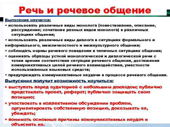  Речь и речевое общение Выпускник научится:  • использовать различные виды монолога (повествование,