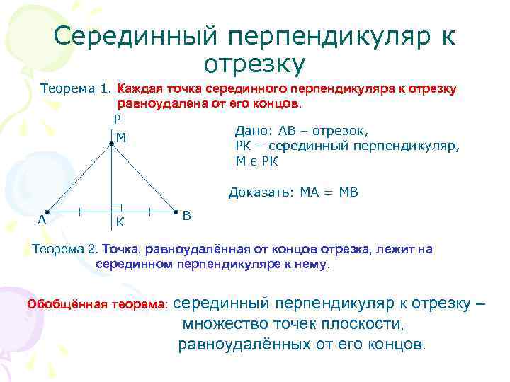  Серединный перпендикуляр к    отрезку Теорема 1. Каждая точка серединного перпендикуляра