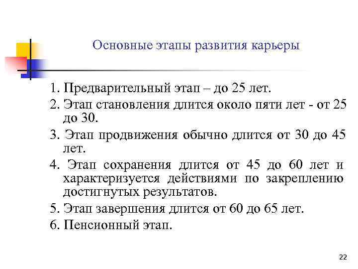   Основные этапы развития карьеры  1. Предварительный этап – до 25 лет.