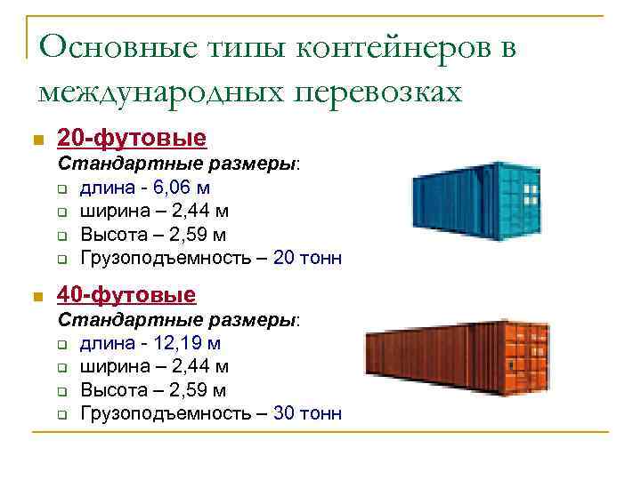 Основные типы контейнеров в международных перевозках n 20 -футовые Стандартные размеры: q длина Основные типы контейнеров в международных перевозках n 20 -футовые Стандартные размеры: q длина