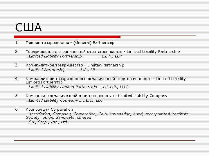 США 1. Полное товарищество - (General) Partnership 2. Товарищество с ограниченной ответственностью США 1. Полное товарищество - (General) Partnership 2. Товарищество с ограниченной ответственностью