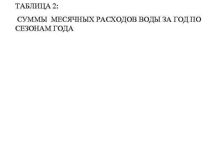 ТАБЛИЦА 2: СУММЫ МЕСЯЧНЫХ РАСХОДОВ ВОДЫ ЗА ГОД ПО СЕЗОНАМ ГОДА 