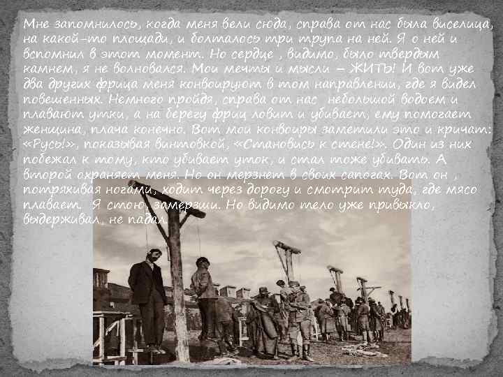 Мне запомнилось, когда меня вели сюда, справа от нас была виселица, на какой-то площади,