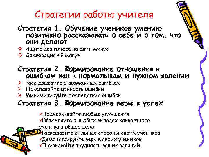  Стратегии работы учителя Стратегия 1. Обучение учеников умению  позитивно рассказывать о себе