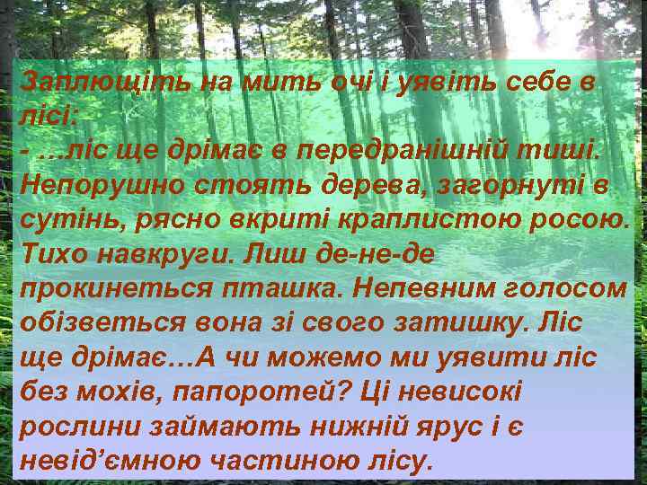 Заплющіть на мить очі і уявіть себе в лісі: - …ліс ще дрімає в