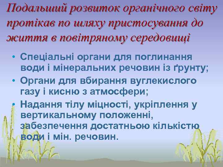 Подальший розвиток органічного світу протікав по шляху пристосування до життя в повітряному середовищі •