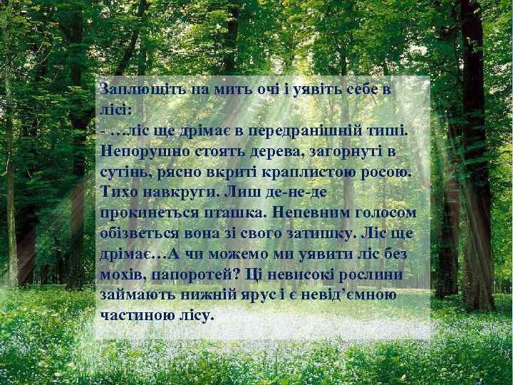 Заплющіть на мить очі і уявіть себе в лісі: - …ліс ще дрімає в