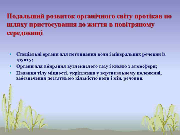 Подальший розвиток органічного світу протікав по шляху пристосування до життя в повітряному середовищі 